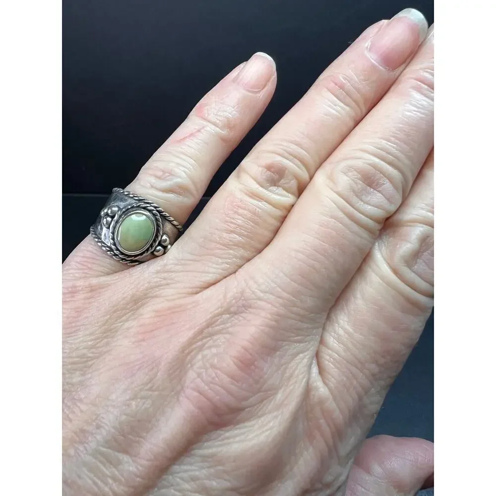 Vintage Sterling Silver Size 6 Ring | Artisan Style Green Cabochon Band
